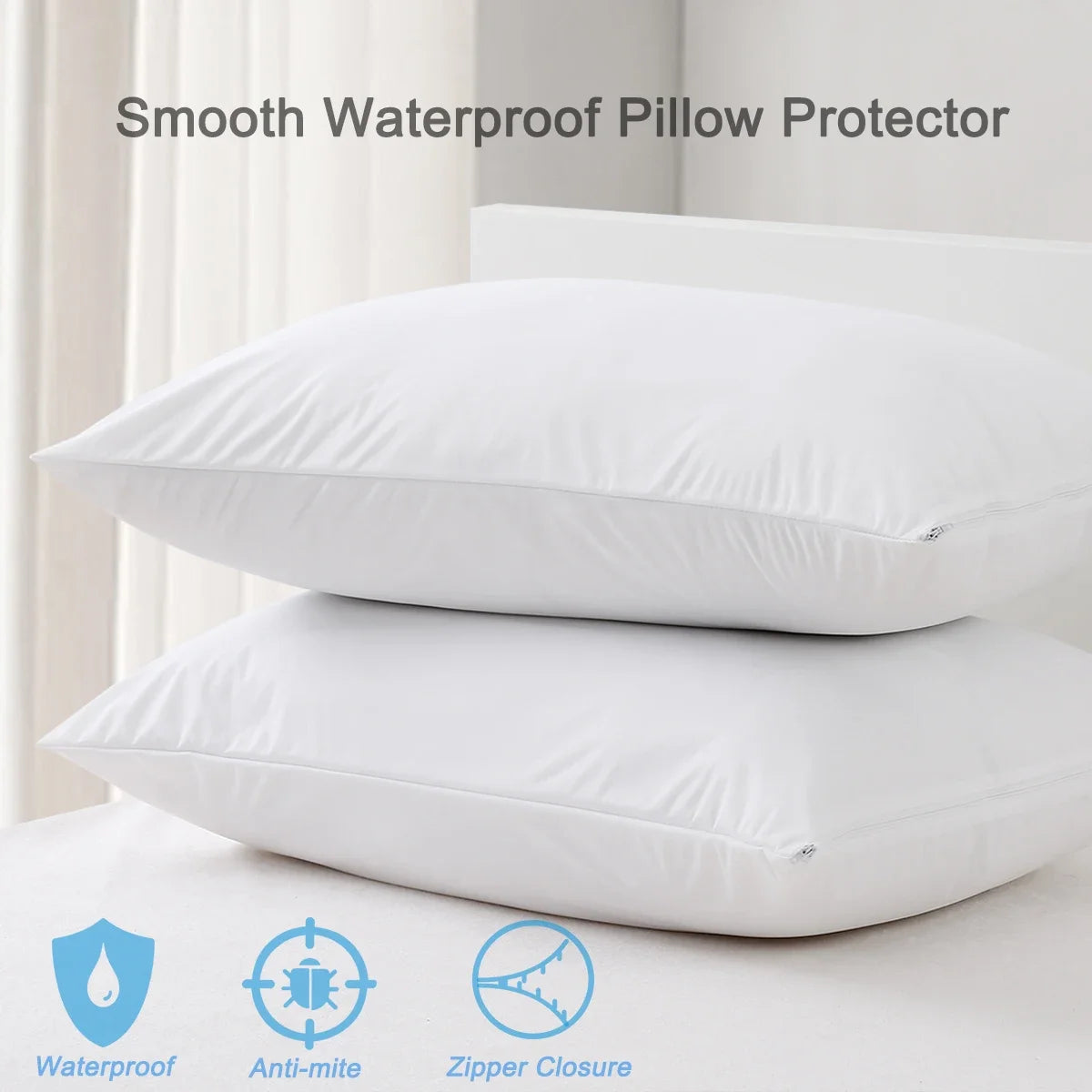 Smooth Waterproof Pillow Cover for Pillow Case Protector Allergy Pillow Case Cover anti Mites Bed Bug Proof Zippered 1PCS